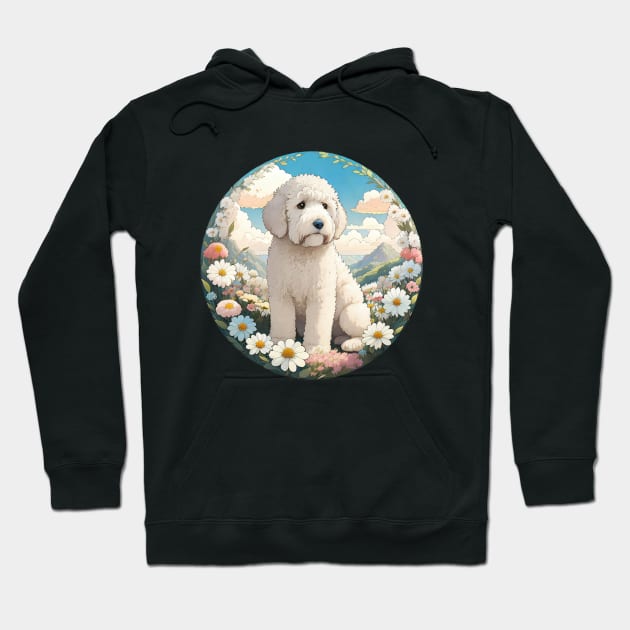 White Doodle Dog In A Field Of Spring Flowers Hoodie by Pet And Petal